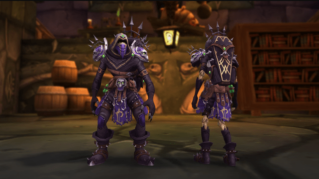 Forsaken Heritage Armor in WoW Dragonflight. Pictured are a male and female Forsaken wearing the new set of black and purple armor that Undead players will be able to earn in Patch 10.1.7. 