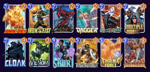Marvel Snap deck consisting of Human Torch, Iron Fist, Carnage, Dagger, Ghost-Spider, Multiple Man, Cloak, Venom, Shuri, Taskmaster, Phoenix Force, and Heimdall. 