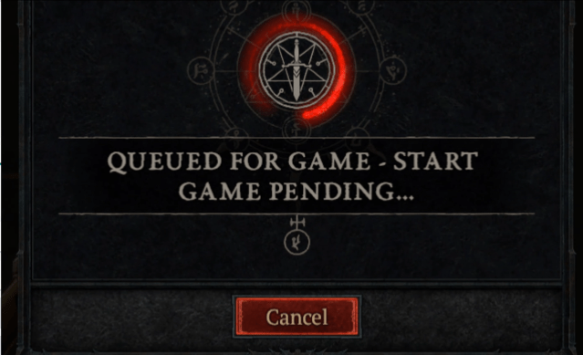 Image of the 'Queued for game - Start game pending' message preventing players from getting into Diablo 4.