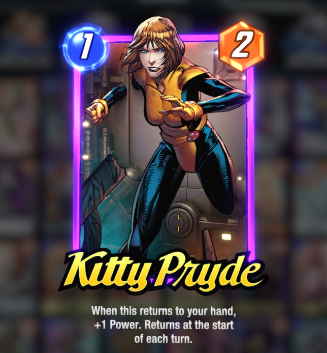 Kitty Pryde card, standing and posing along with her stats and ability
