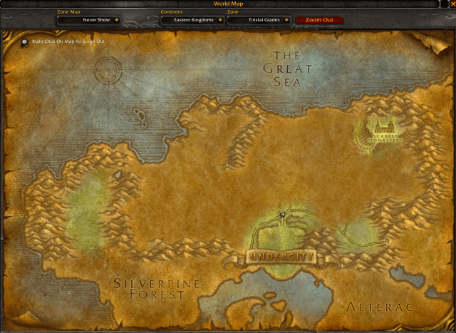 A map of Tirisfal Glades in Classic WoW, only featuring the Undercity and Scarlet Monastery