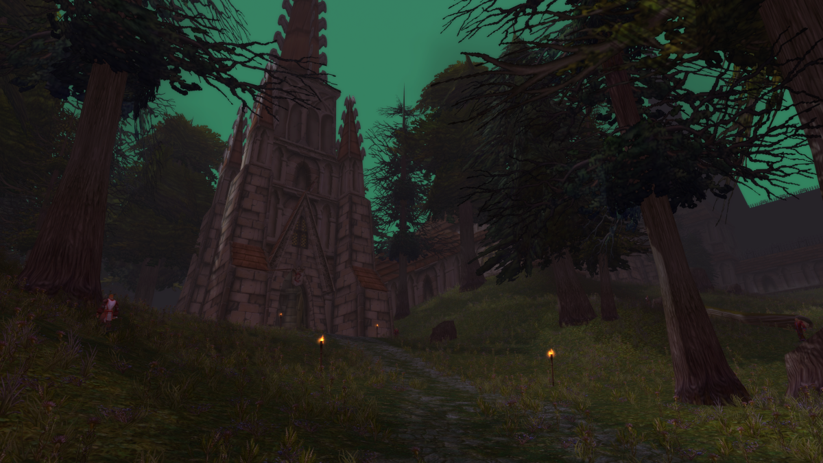 A screenshot of the Scarlet Monastery in WoW Classic, exterior.
