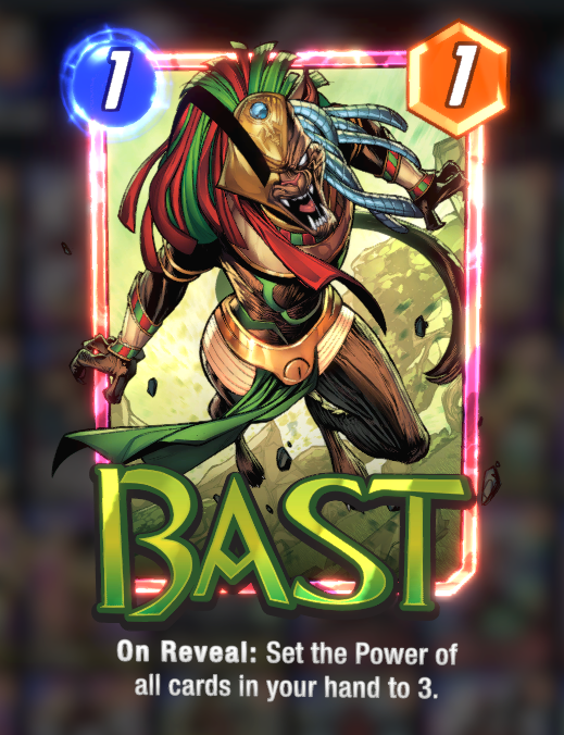 Bast card, showing her headdress and goddess costume