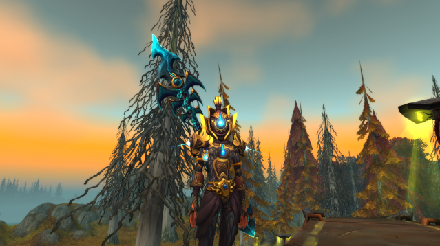 A Blood Elf hunter wears the Battlewear of the Unblinking Vigil in World of Warcraft.