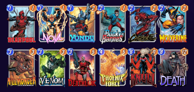 Marvel Snap deck consisting of Deadpool, Nova, Yondu, Bucky Barnes, Carnage, Wolverine, Killmonger, Venom, Deathlok, Phoenix Force, Knull, and Death.