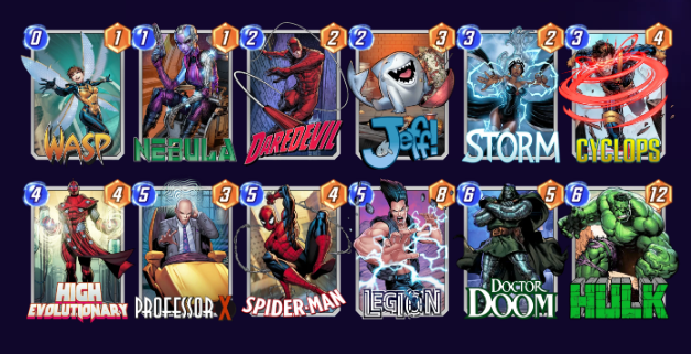 Marvel Snap deck consisting of Wasp, Nebula, Daredevil, Jeff the Baby Landshark, Storm, Cyclops, High Evolutionary, Professor X, Spider-Man, Legion, Doctor Doom, and Hulk. 