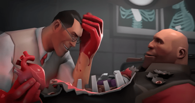 Image of the Medic holding the Heavy's heart in his hand, as the two laugh about something that must be pretty funny.