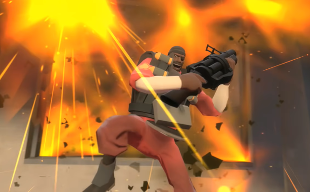 Image of the Demoman, smiling as he narrowly escapes an explosion.