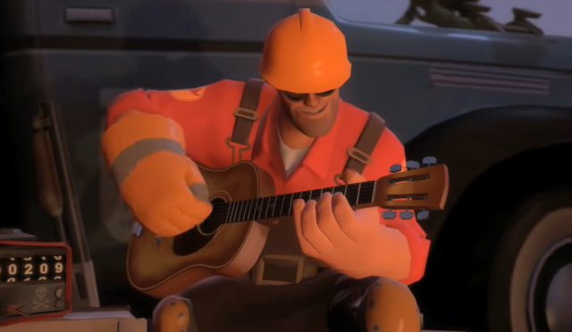 Image of the Engineer strumming a guitar in front of his truck, while his sentry gun does all the work for him.