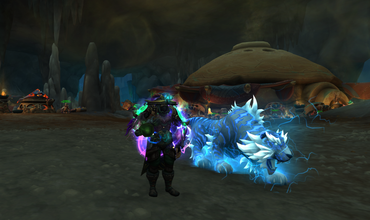 A Monk in World of Warcraft standing next to the White Tiger Celestial