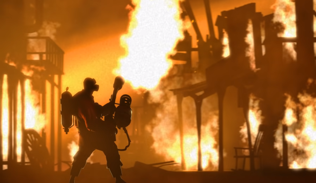 Image of the Pyro's silhouette, using the flamethrower is burn down several buildings.