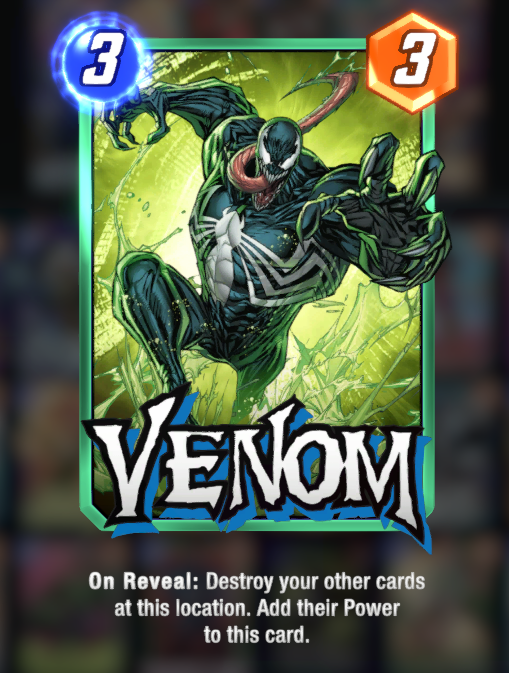 Venom card, posing in green background in Marvel Snap.