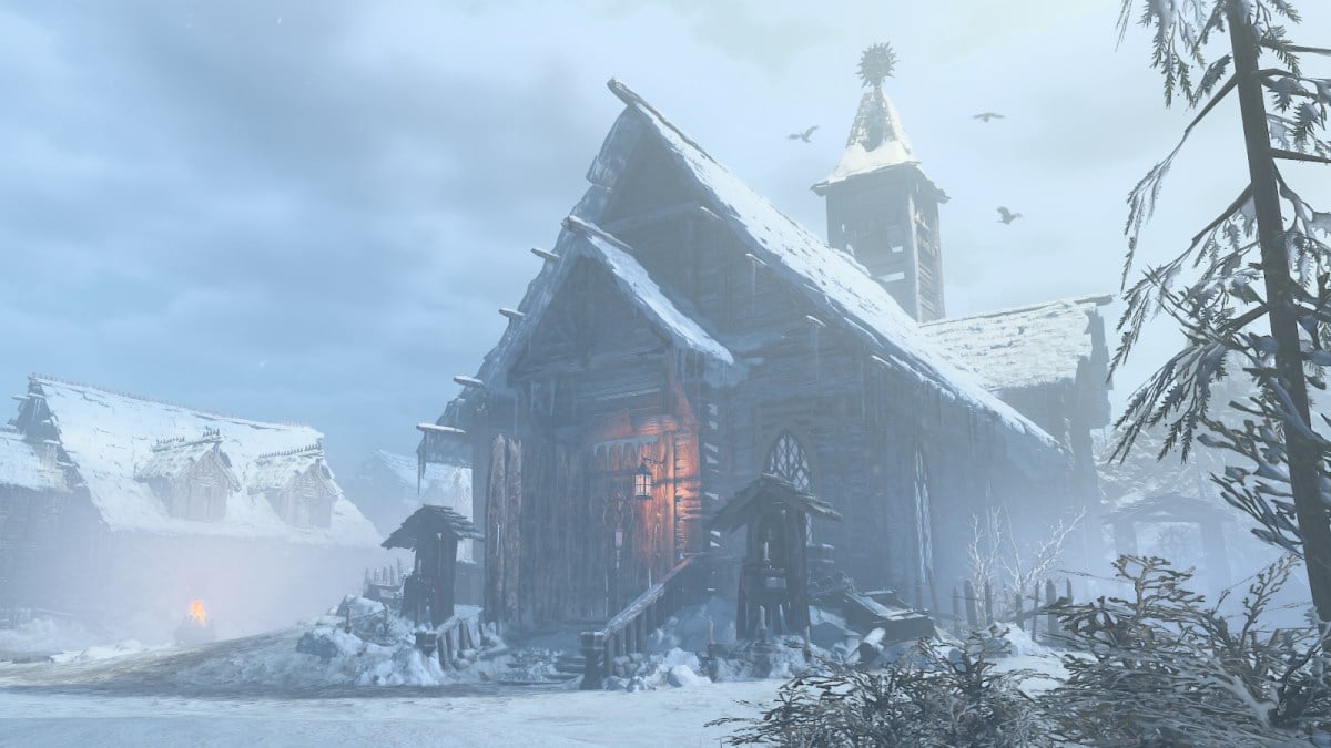 A house in Diablo 4 in a snowy environment, with the porch lit by a lantern and crows flying above.