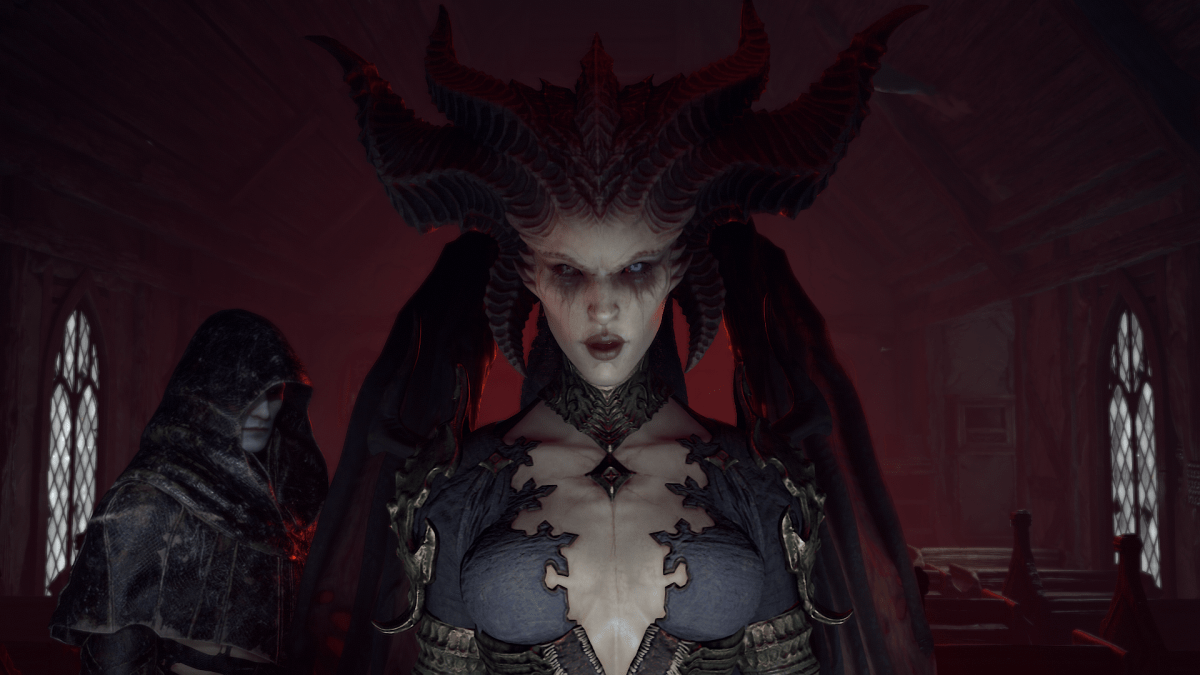 Diablo 4's Lilith looks straight ahead menacingly, Elias watching her with a hood covering is head