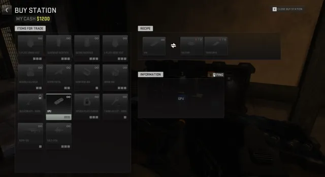 A screenshot of the Barter menu and the recipe for the GPU on Ashika Island in DMZ.