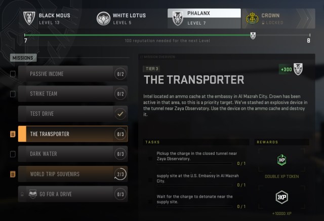 A screenshot of the faction mission screen in DMZ, with The Transporter mission selected.
