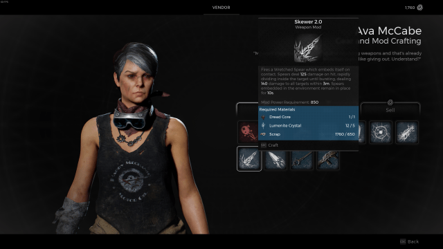 A female character with goggles stares forward, showing the crafting screen for the Skewer Mod in Remnant 2.