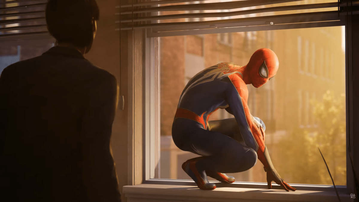 Peter Parker's Spider-Man leaning on a window.
