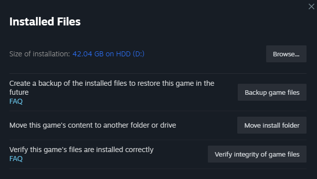 A screenshot of the Installed Files option on Steam.