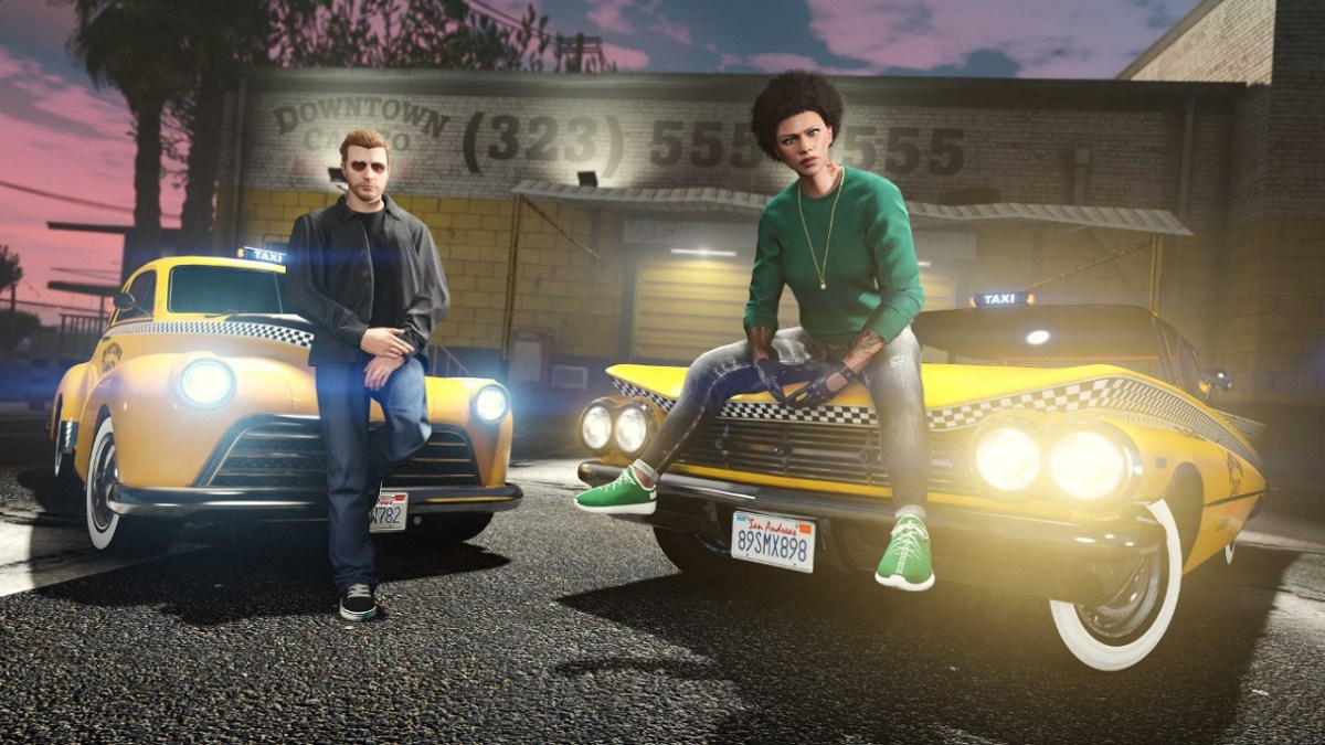 Two GTA Online characters sitting on top of cars