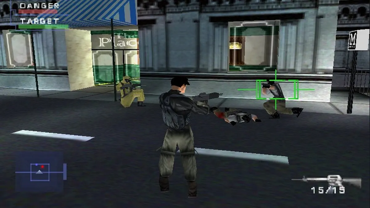 An image of the player character in combat against enemies in Syphon Filter 3.