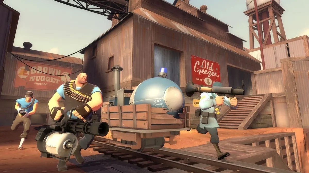 Three Team Fortress 2's characters running with weapons in hand.