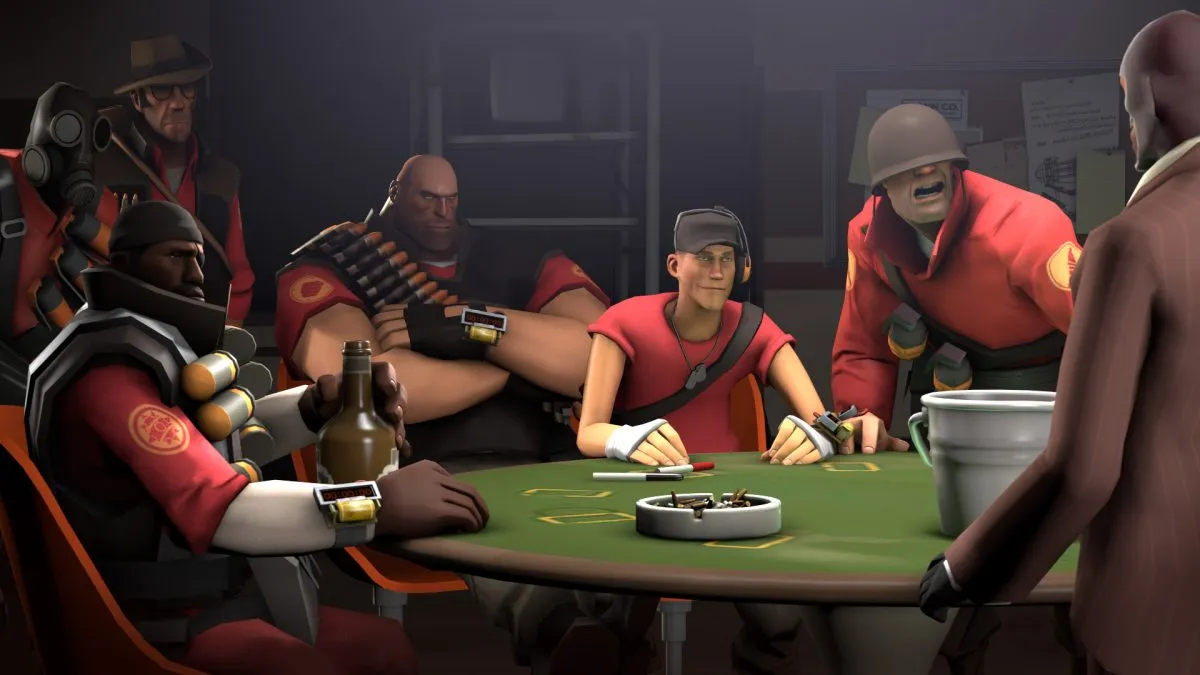 Sniper, Spy, Heavy, Scout, Soldier, and Demoman all sitting by a table in Team Fortress 2.
