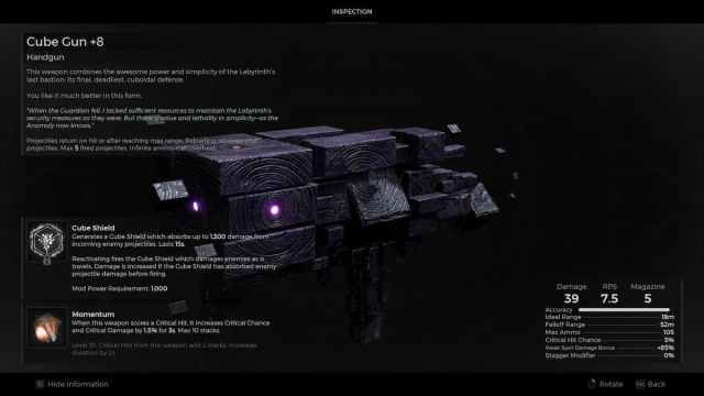 Image displays the information page for the Cube Gun from Remnant 2. 