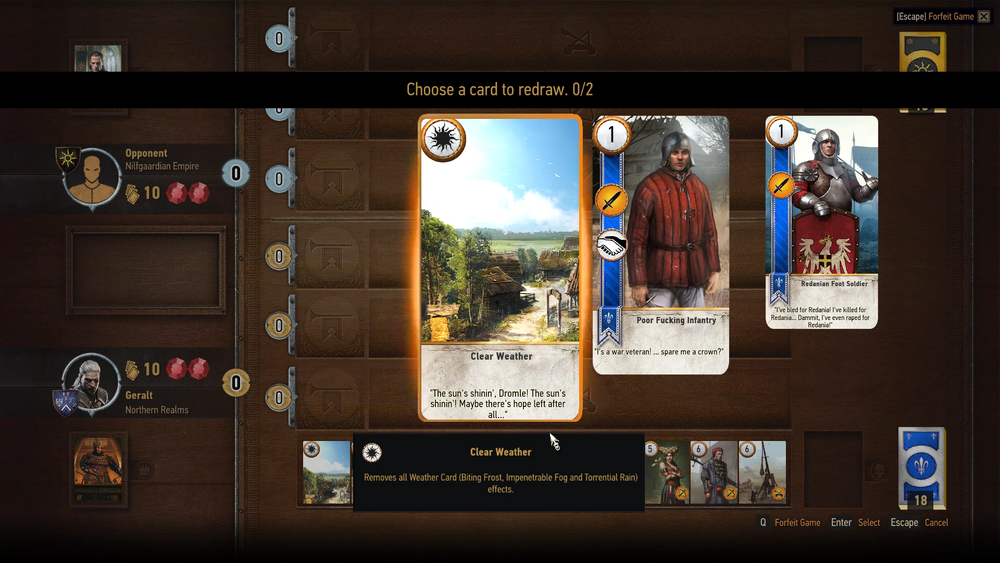 An image showcasing the redrawing phase in Gwent, a popular card game in The Witcher 3.