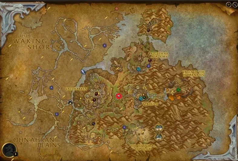 A screenshot of Thaldraszus and Tyrhold Reservoir in the Dragon Isles.