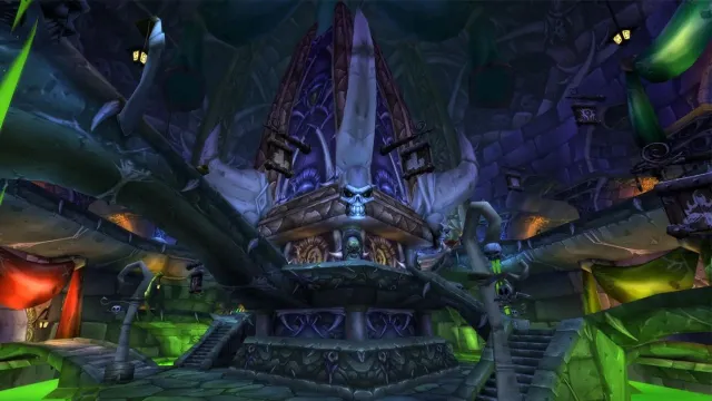 A large skull on a spire with stone walkways branching off in WoW