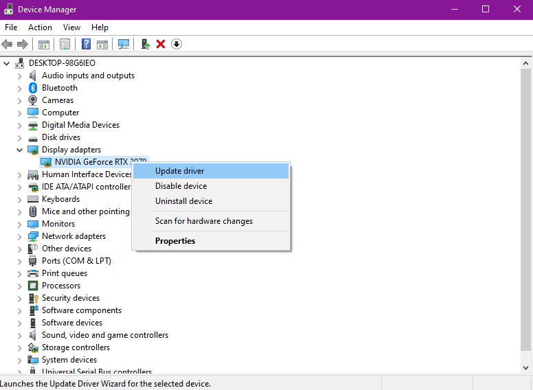 screenshot of device manager to update your display drivers 