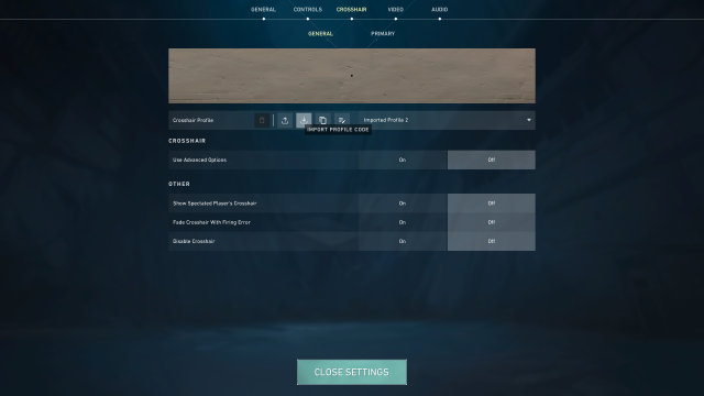 A screenshot of the crosshair settings menu in VALORANT.