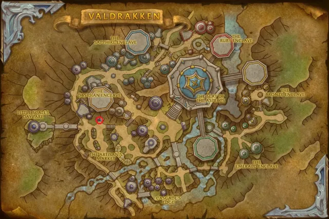 A screenshot of Valdrakken's map with a red circle that shows where the Barbershop can be found in the city.