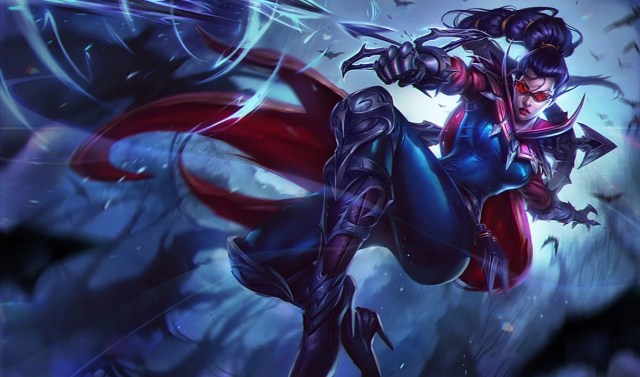 Vayne jumping and shooting a bolt from the right-handed crossbow.