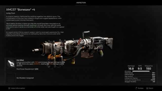 An inspection of the XMG57 'Bonesaw' weapon in Remnant 2, equipped with the Hot Shot mod and showing the available slot for a Mutator.