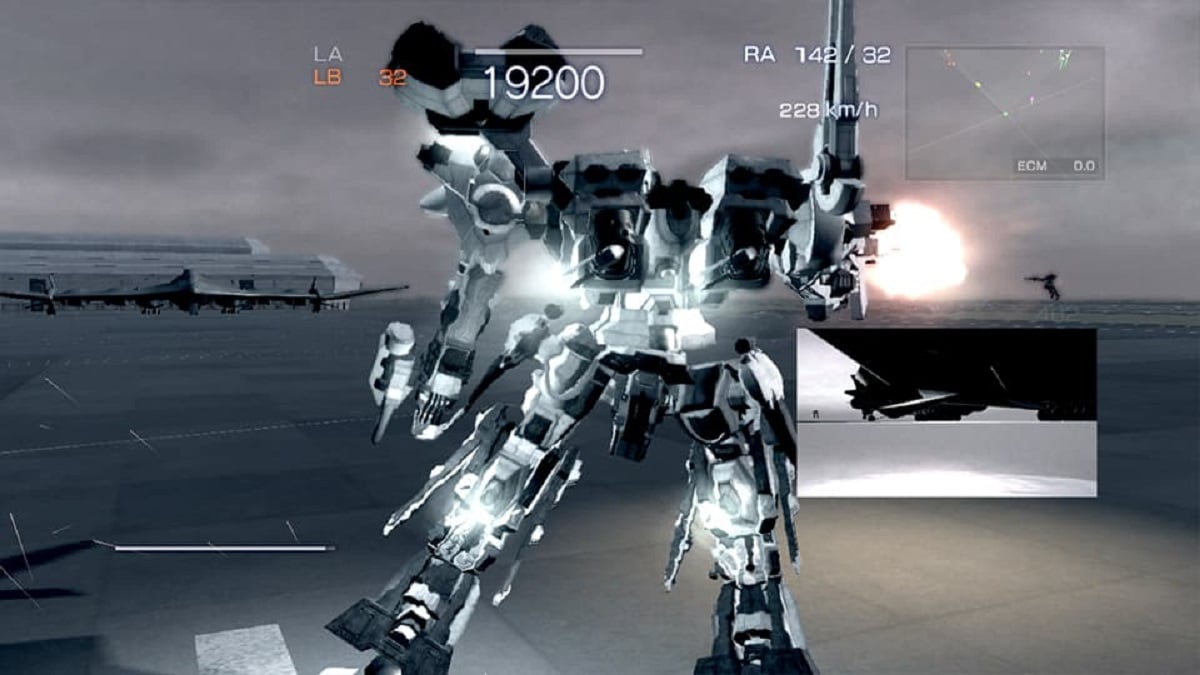 An image of a Mech in the midst of combat in Armored Core 4.