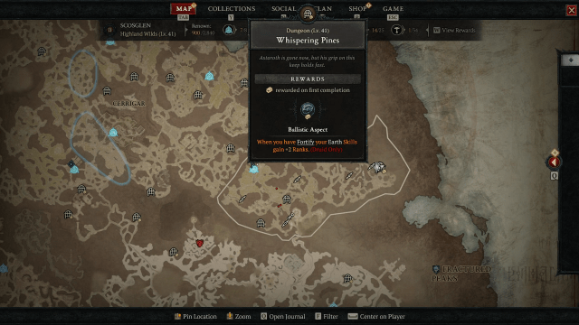 The Whispering Pines location and description as shown on the Diablo 4 map.