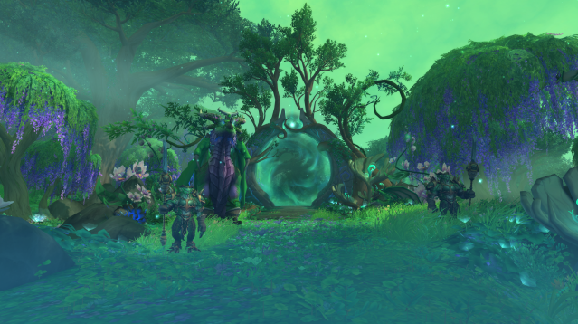An in-game WoW screenshot of the Ancient Bough in the Ohn'ahran Plains. Ysera is standing in front of a portal to the Emerald Dream.