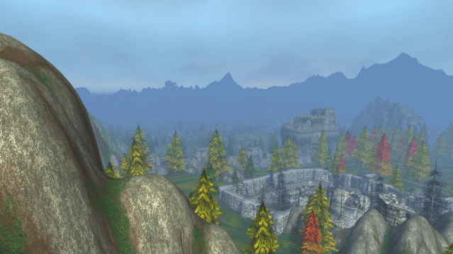 An overhead view of the Arathi Highlands in WoW via the view of a flight path.
