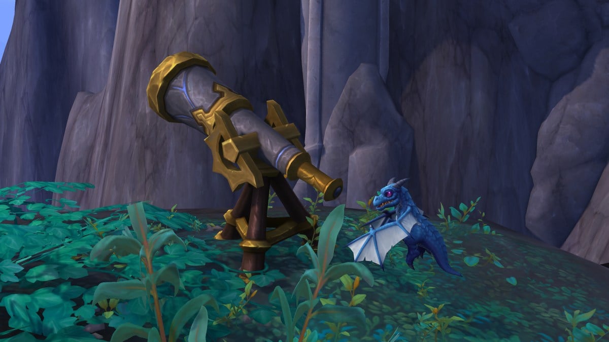 Blue whelpling next to a telescope on the Dragon Isles