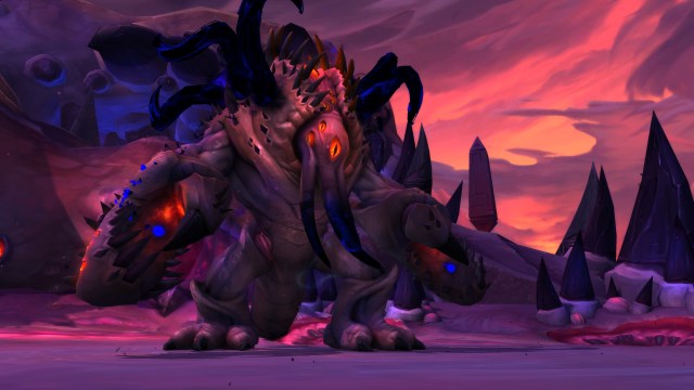 Purple Void creature with many eyes standing in a corrupted version of Azeroth