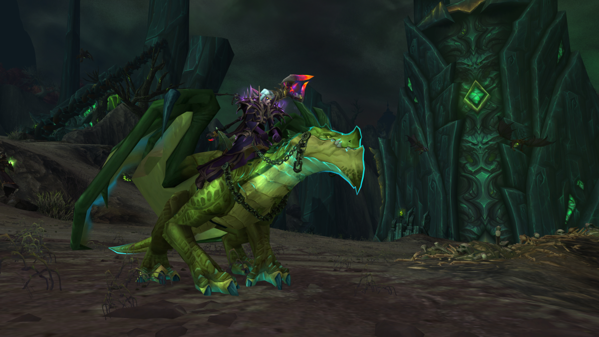 WoW character riding a green drake mount