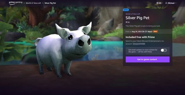 The Prime Gaming screen showing the Silver Pig Pet available in WoW Dragonflight.