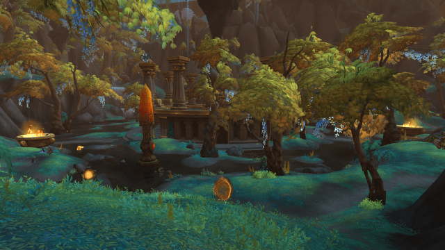 Greenery and titan structures in the Tyrhold Reservoir in WoW Dragonflight