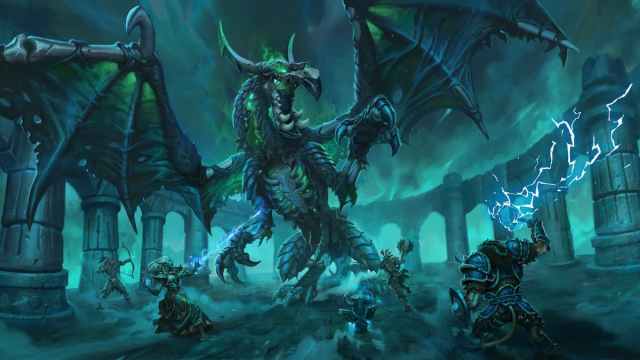 Warcraft characters fighting a dragon.