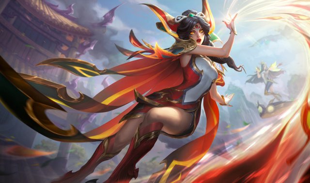 Xayah in red and white throws bolts of fire in a battle in League of Legends.