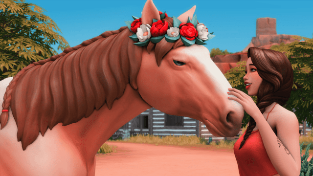 A Sim petting a horse wearing a flower crown.