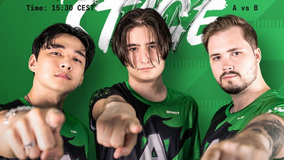 Alliance Yuki, Effect, and Hakis pointing at the camera in a graphic for the ALGS Split 2 Playoffs group stage