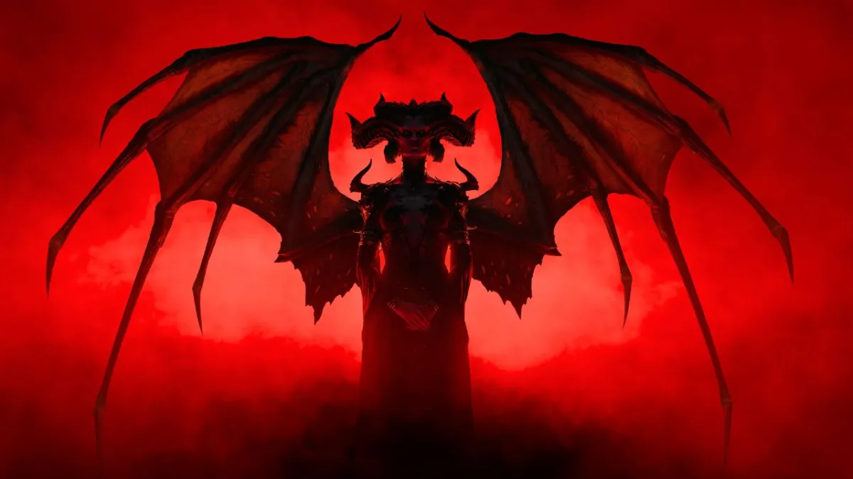 Woman with horns and wings against a red background in Diablo 4